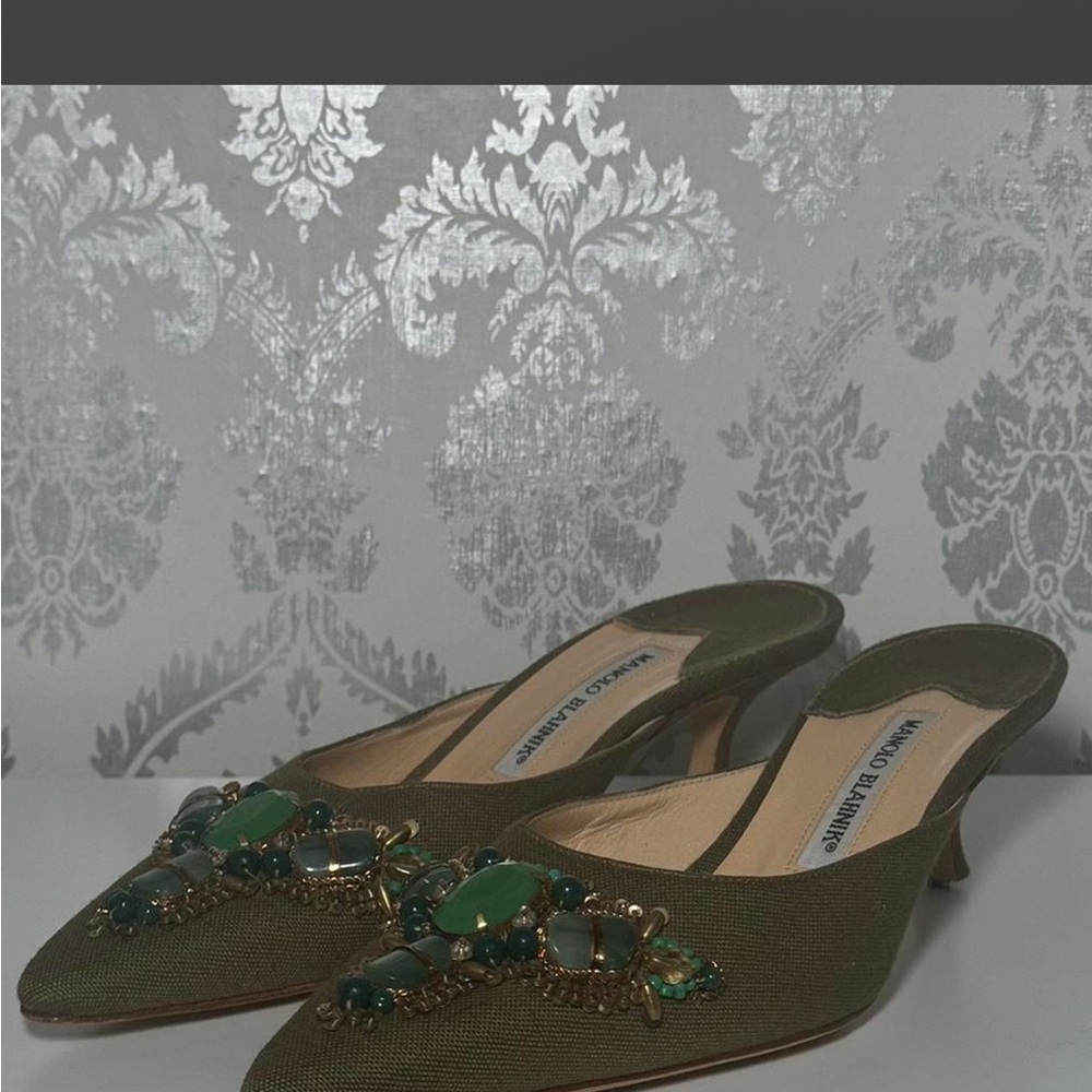 Manolo Blahnik Olive Green Jeweled Pointed-Toe Muffle Mules
